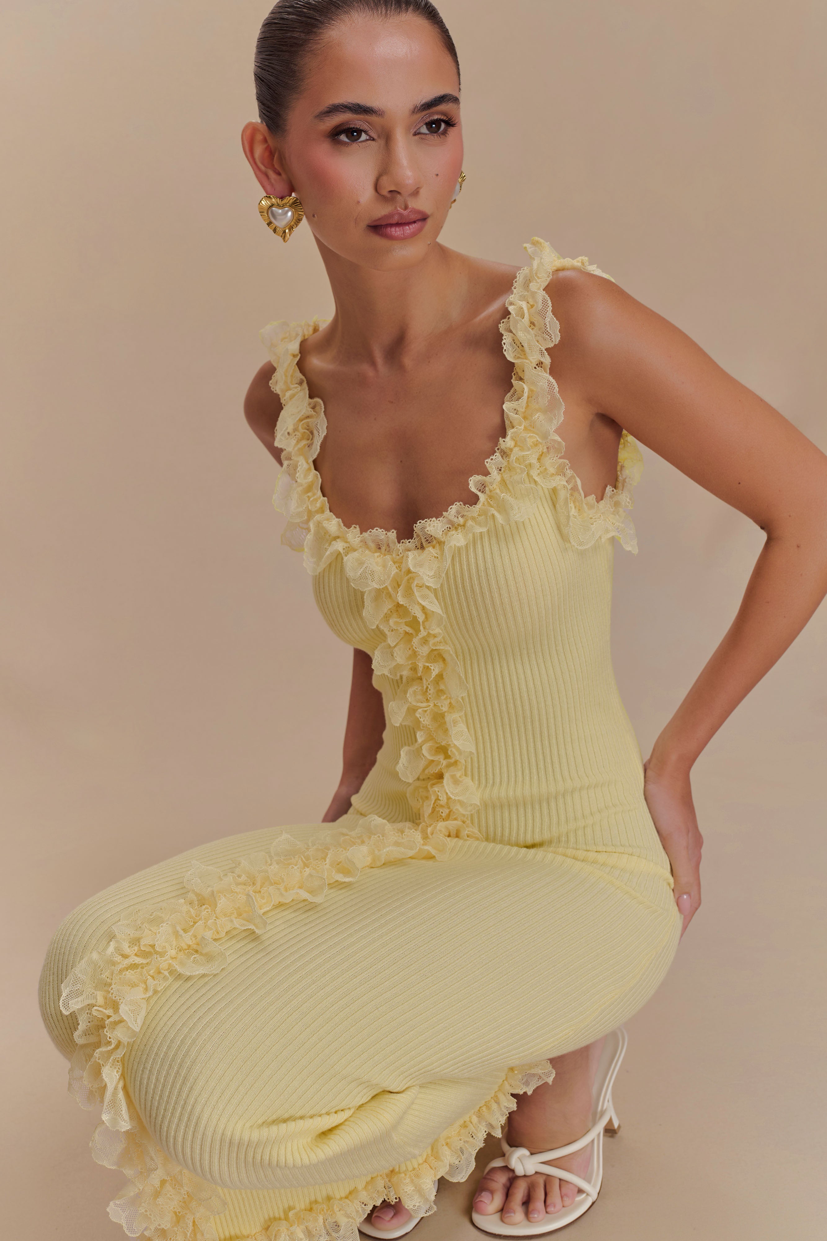 Shay Lace Ruffle Knit Midi Dress - Lemon