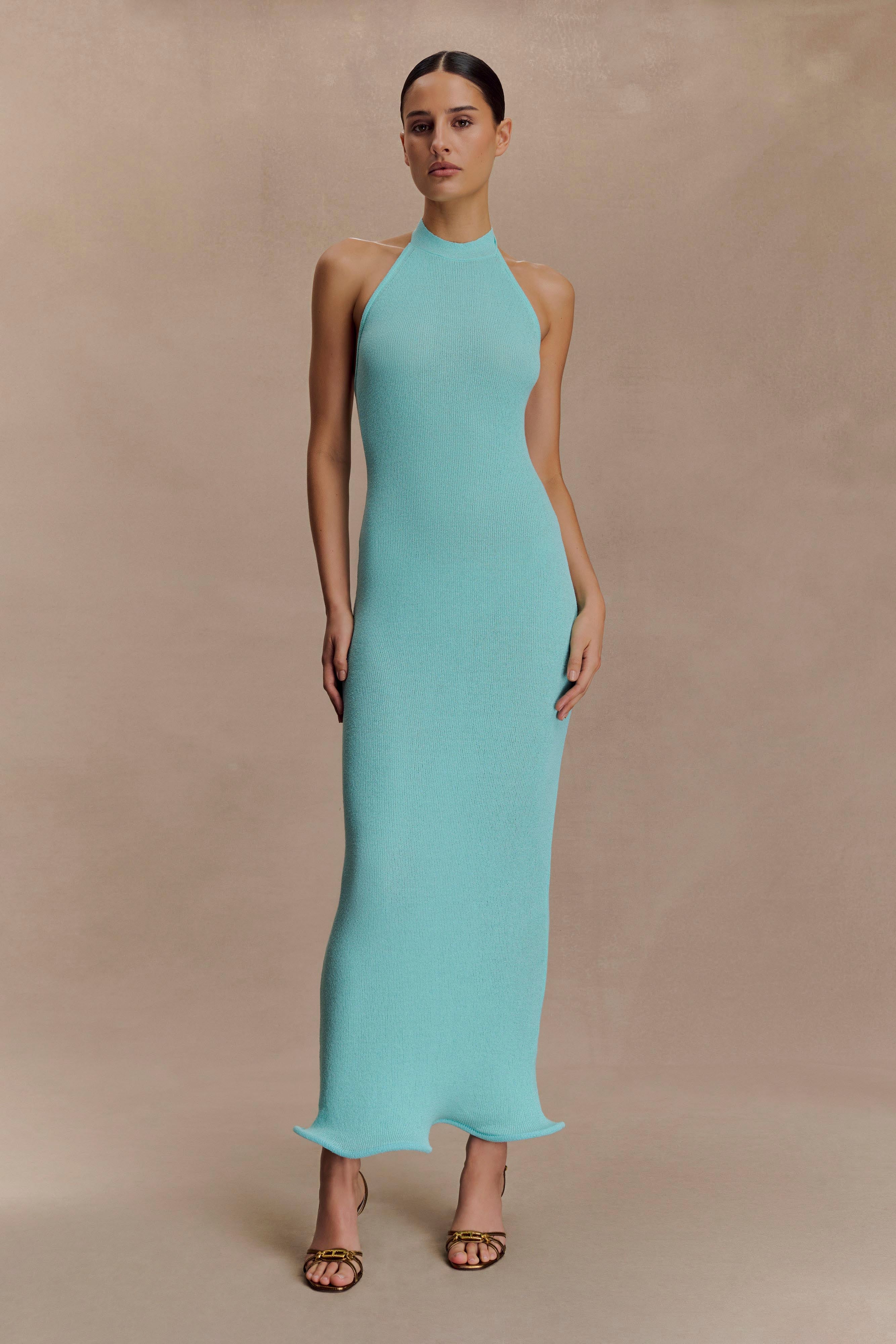 Melodie Halter Knit Maxi Dress - Cyan Blue