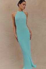 Melodie Halter Knit Maxi Dress - Cyan Blue