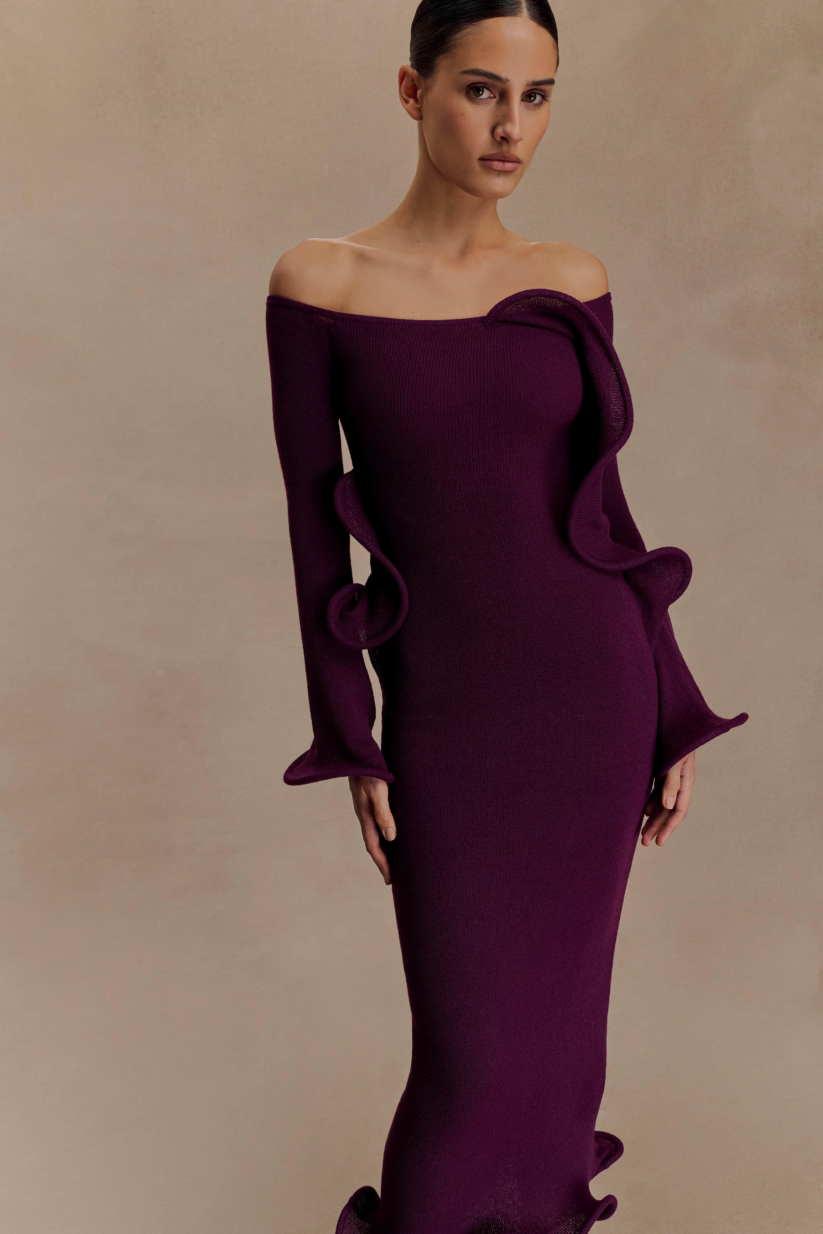 Sandrine Off Shoulder Knit Maxi Dress - Plum
