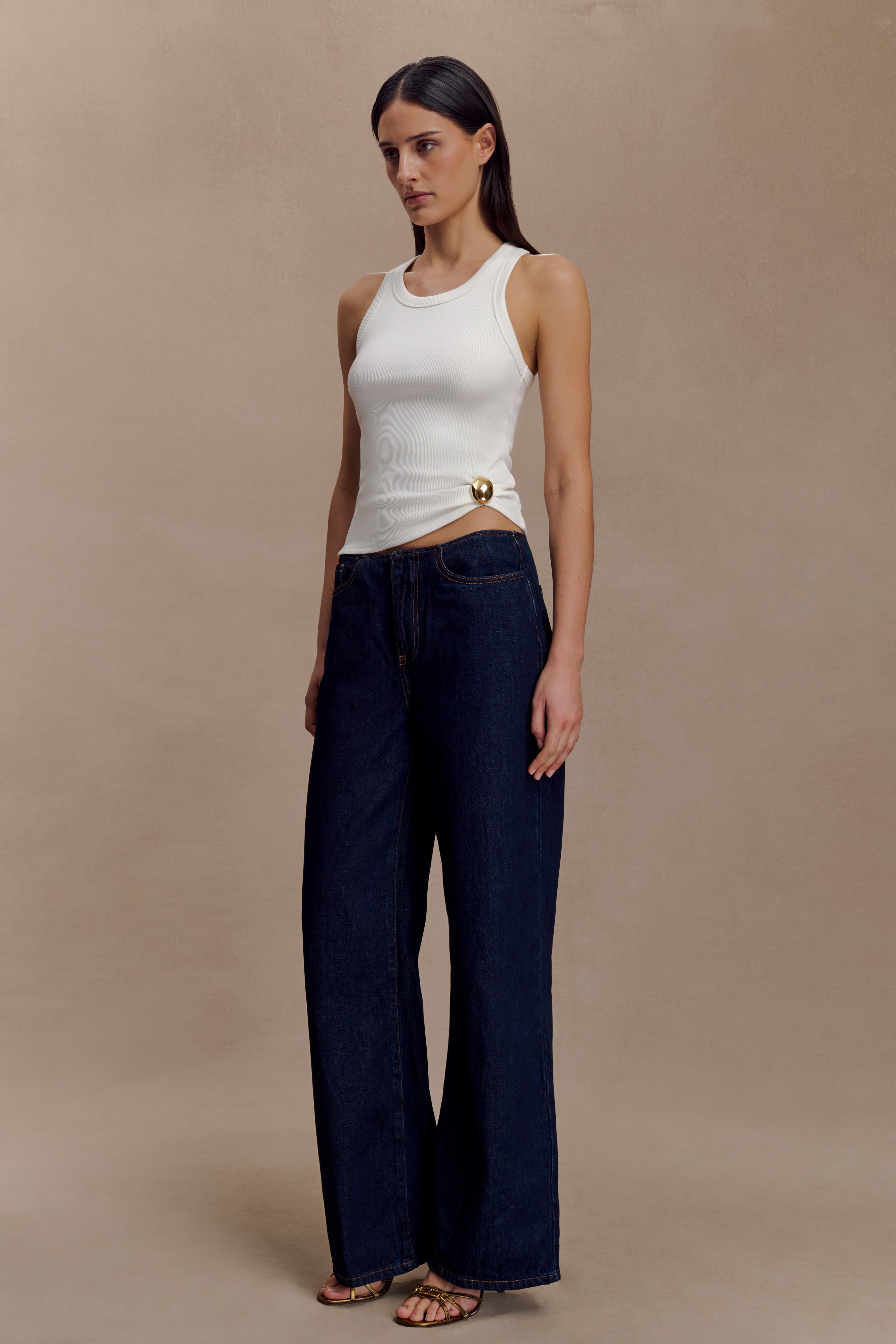 Lola Ribbed Sleeveless Top With Hardware - White