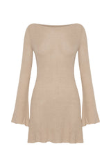 Zahra Long Sleeve Open Back Mini Knit Dress - Wheat