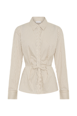 Millie Tie Back Cotton Shirt - Beige Pinstripe