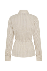 Millie Tie Back Cotton Shirt - Beige Pinstripe